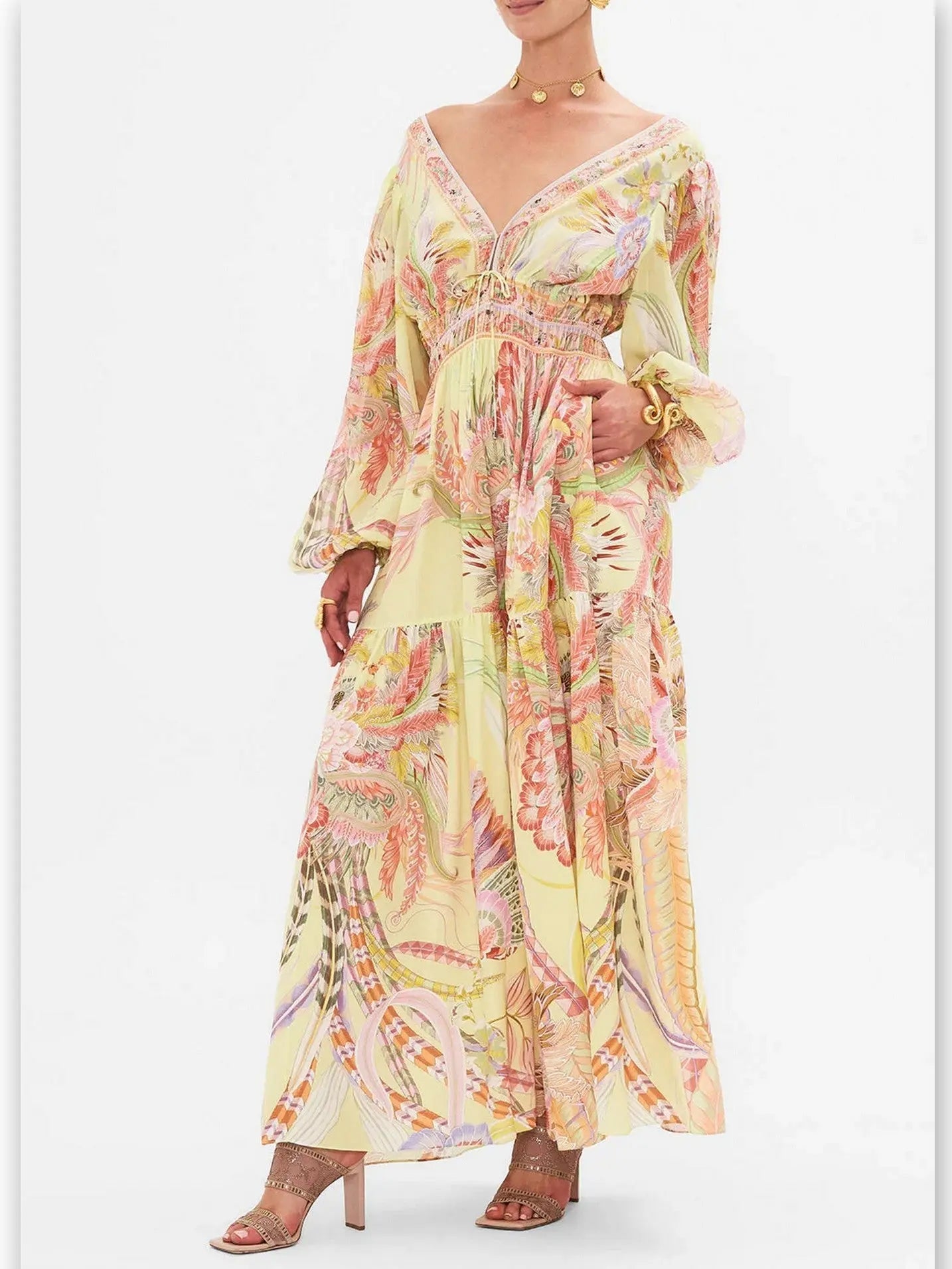 Multicolor-Printed Tie-Front Shirred Detail Dress in Yellow - Dresses