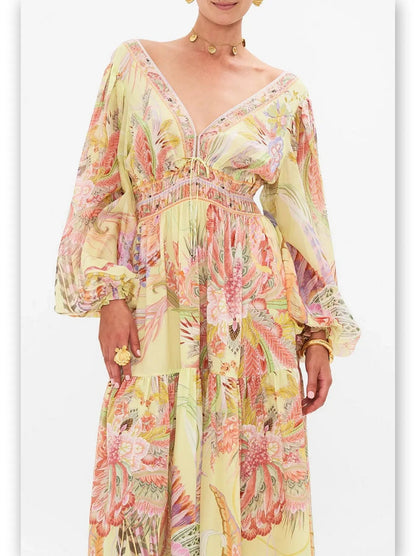 Multicolor-Printed Tie-Front Shirred Detail Dress in Yellow - Dresses