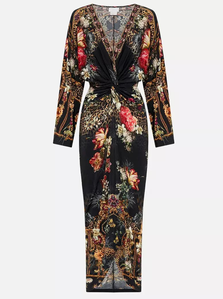 Floral and leopard print long-sleeved dress in multicolor-printed V-neck twist-front style