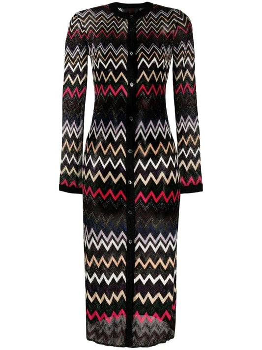 Multicolor Zig Zag Knit Metallic Cardigan Midi Dress - Dresses