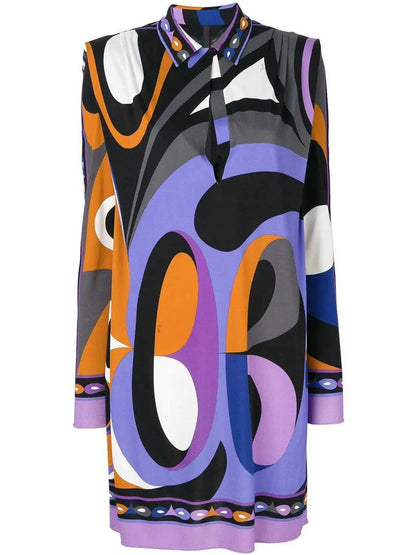 Multicolored Abstract Printed Jersey Mini Shirt Dress - Dresses