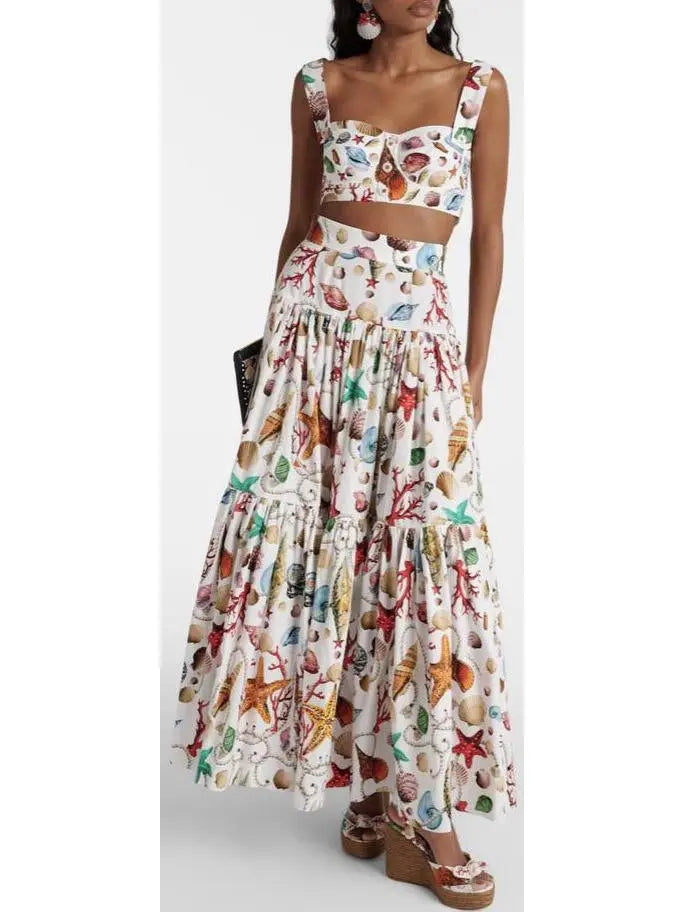 Multicolored Capri-Printed Cotton Crop-Top and Skirt Set - Suits & Sets