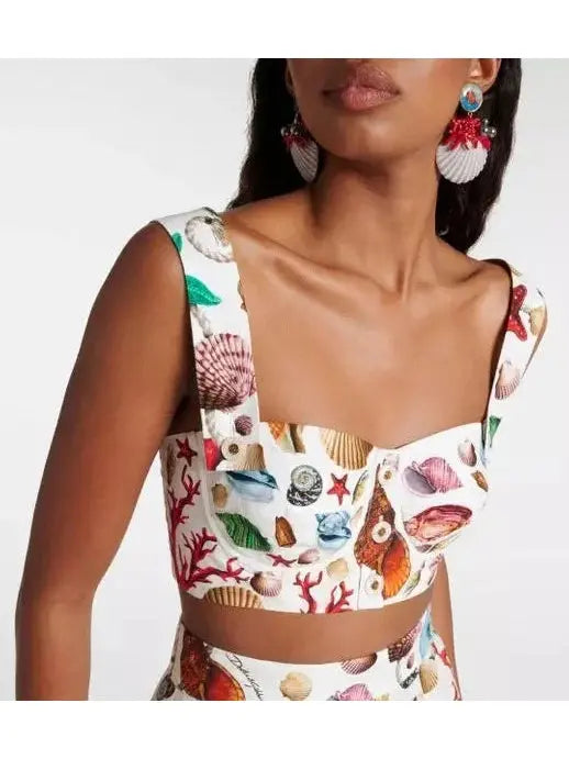 Multicolored Capri-Printed Cotton Crop-Top and Skirt Set - Suits & Sets