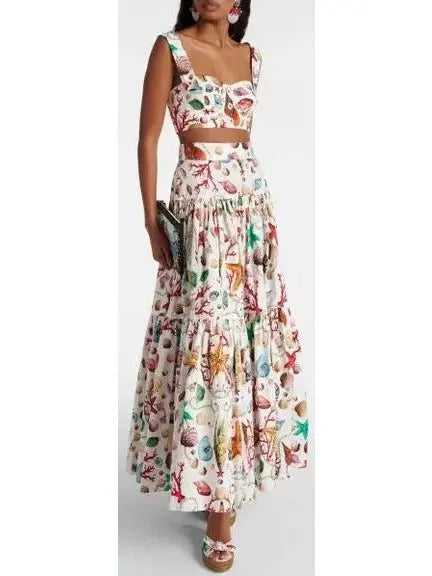 Multicolored Capri-Printed Cotton Crop-Top and Skirt Set - Suits & Sets