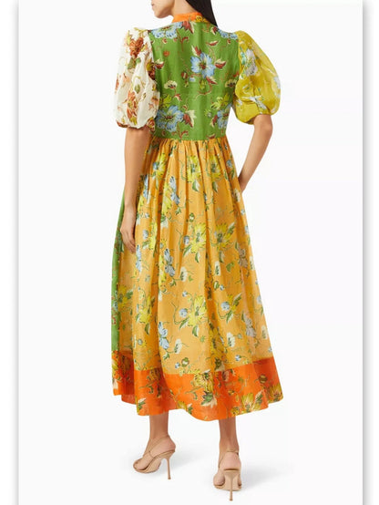 Multicolored Floral-Print Puff-Sleeve Linen Midi Dress - Dresses