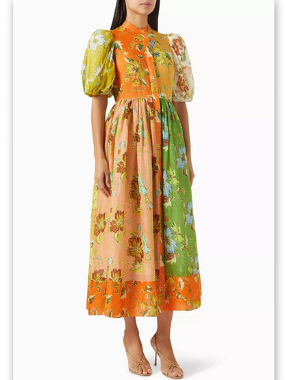 Multicolored Floral-Print Puff-Sleeve Linen Midi Dress - Dresses