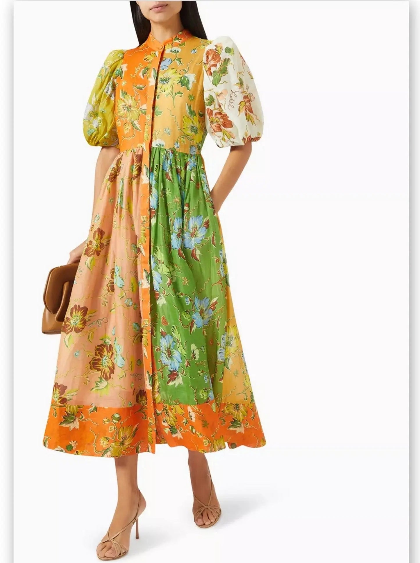 Multicolored Floral-Print Puff-Sleeve Linen Midi Dress - Dresses