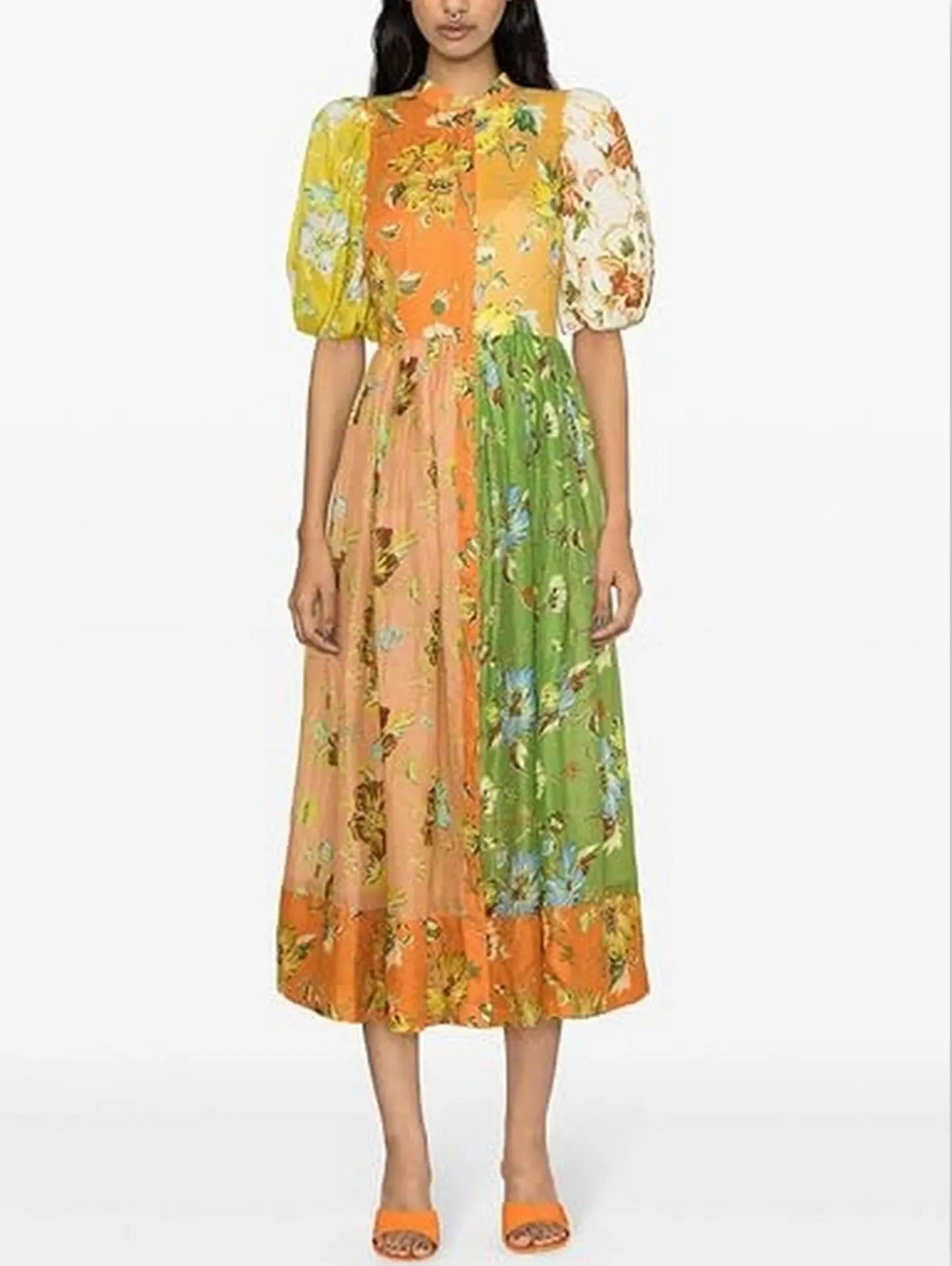 Multicolored Floral-Print Puff-Sleeve Linen Midi Dress - Dresses