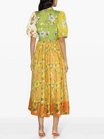 Multicolored Floral-Print Puff-Sleeve Linen Midi Dress - Dresses