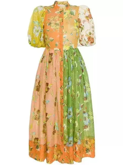 Multicolored Floral-Print Puff-Sleeve Linen Midi Dress - Dresses