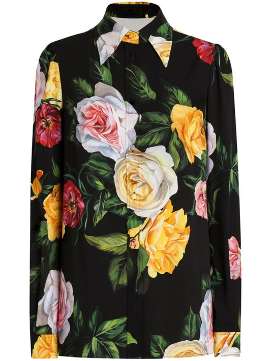 Multicolored Floral Print Silk Shirt in Black - Tops