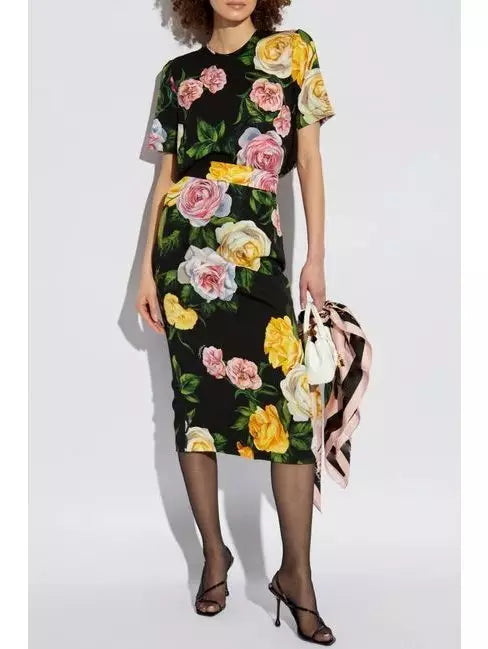 Multicolored Floral Printed Silk Pencil Skirt in Black - Skirts