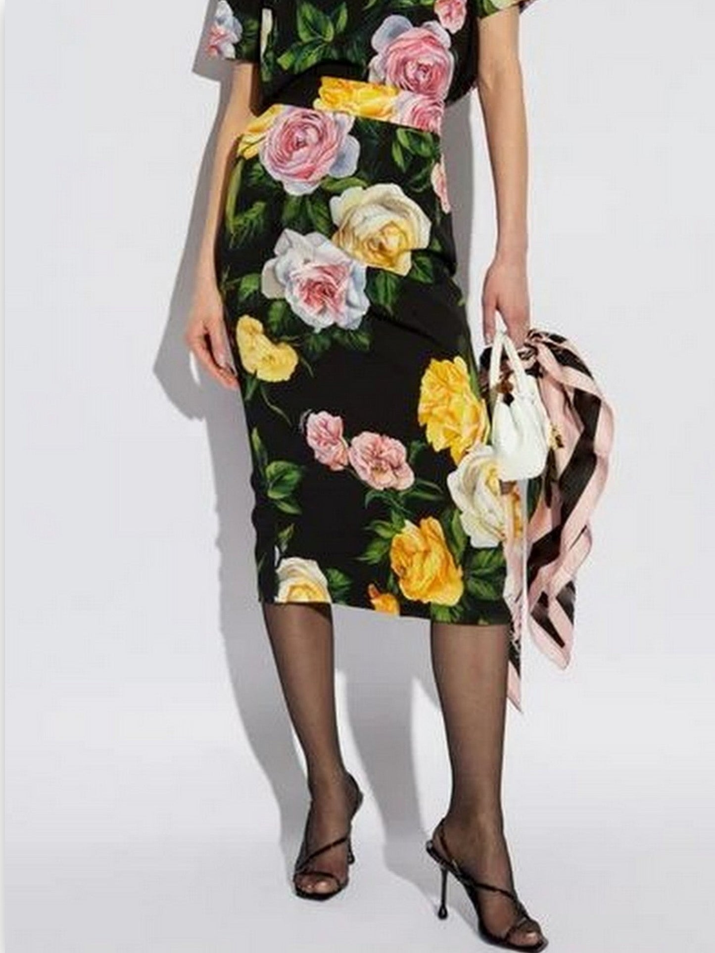 Multicolored Floral Printed Silk Pencil Skirt in Black - Skirts