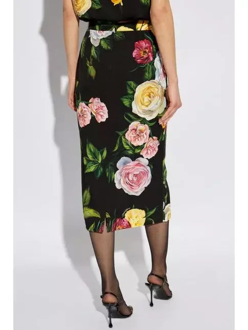 Multicolored Floral Printed Silk Pencil Skirt in Black - Skirts