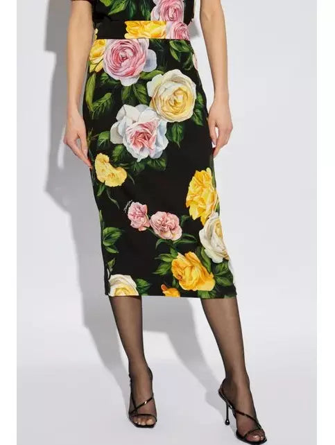 Multicolored Floral Printed Silk Pencil Skirt in Black - Skirts