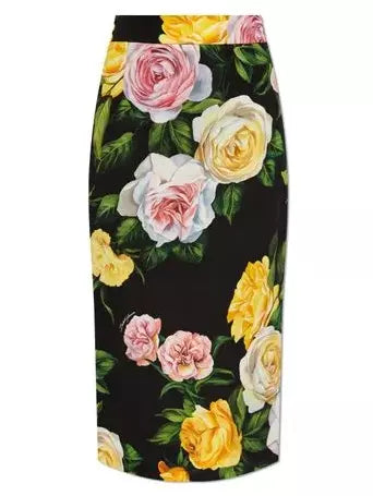 Multicolored Floral Printed Silk Pencil Skirt in Black - Skirts