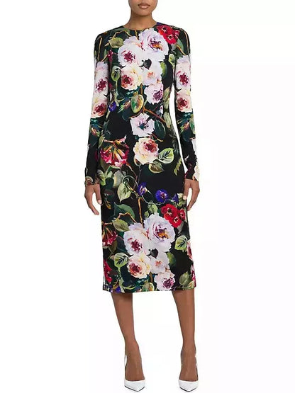 Multicolored Floral Printed Silk Sheath Dress in Black - Dresses