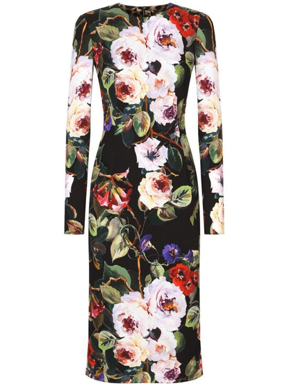 Multicolored Floral Printed Silk Sheath Dress in Black - Dresses