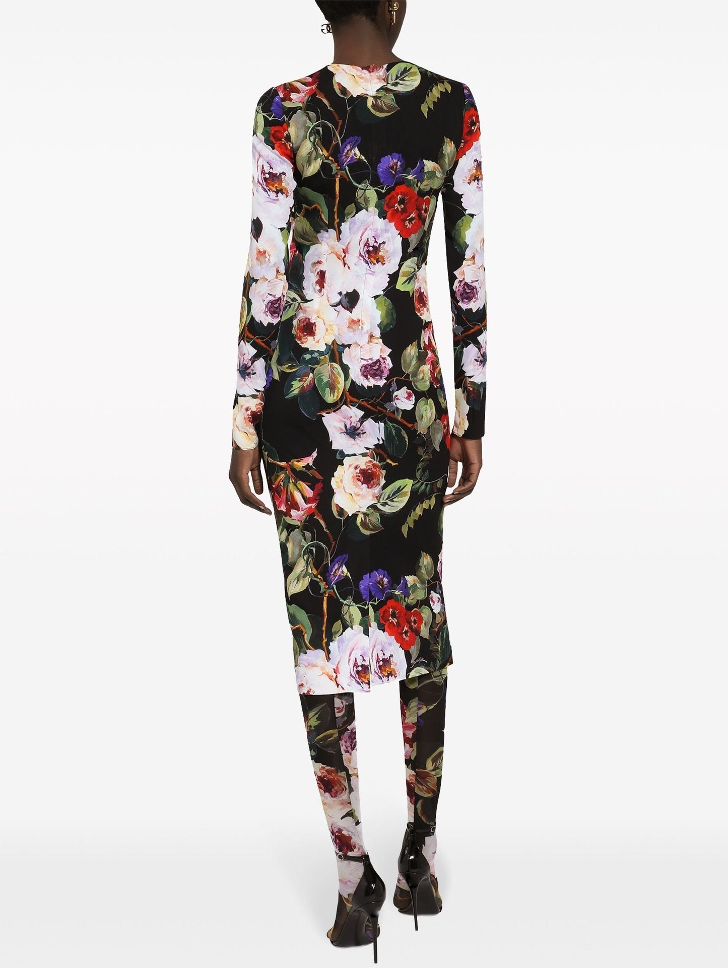 Multicolored Floral Printed Silk Sheath Dress in Black - Dresses