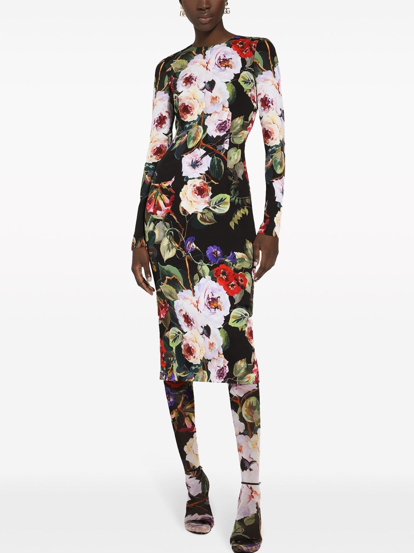 Multicolored Floral Printed Silk Sheath Dress in Black - Dresses