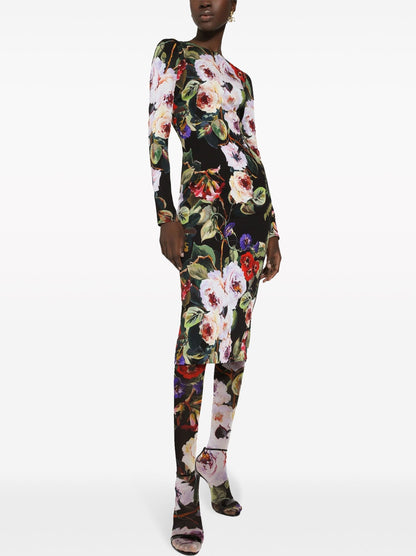 Multicolored Floral Printed Silk Sheath Dress in Black - Dresses