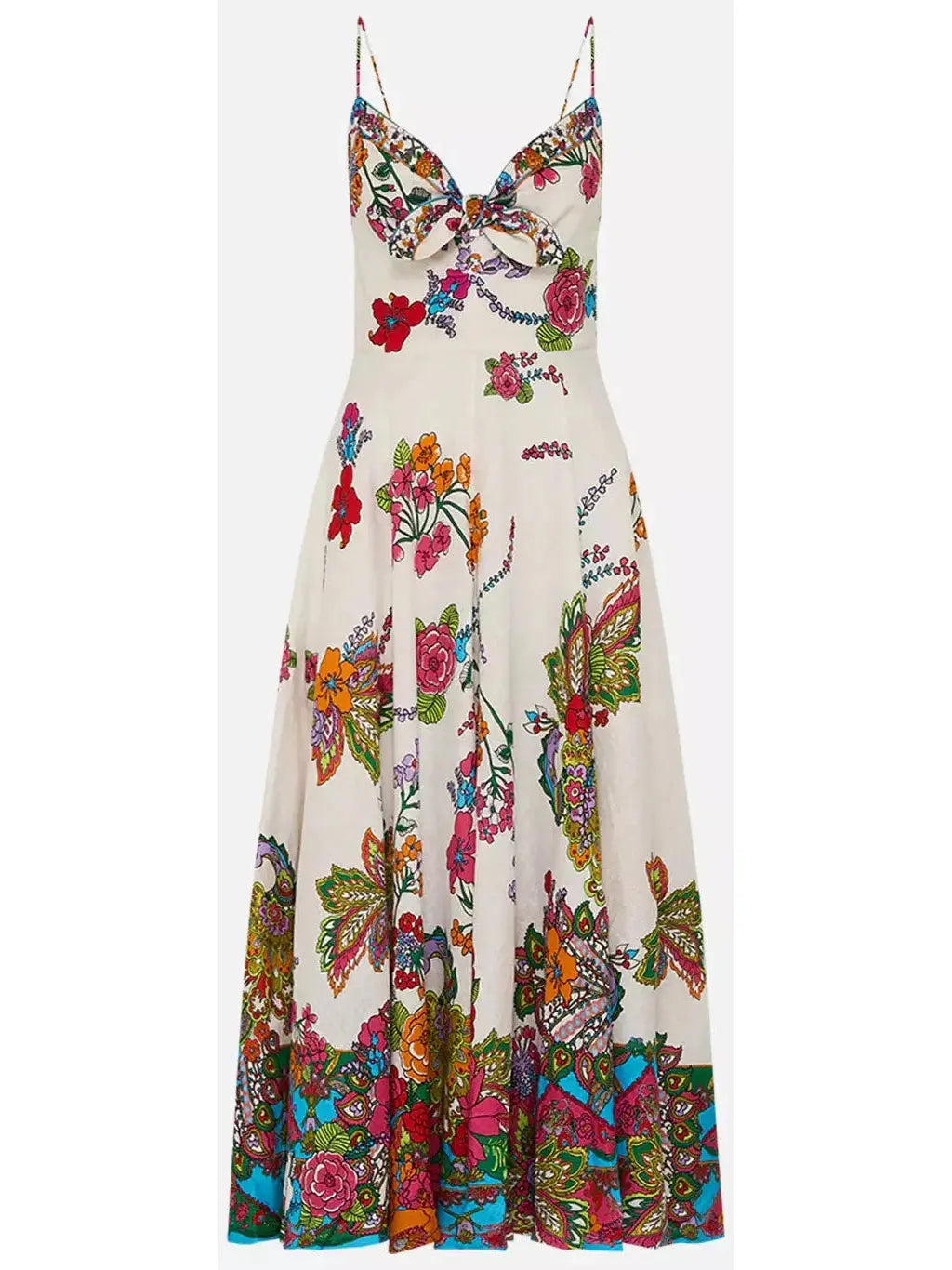 Multicolored Floral-Printed Tie-Front Linen Maxi Dress - Dresses