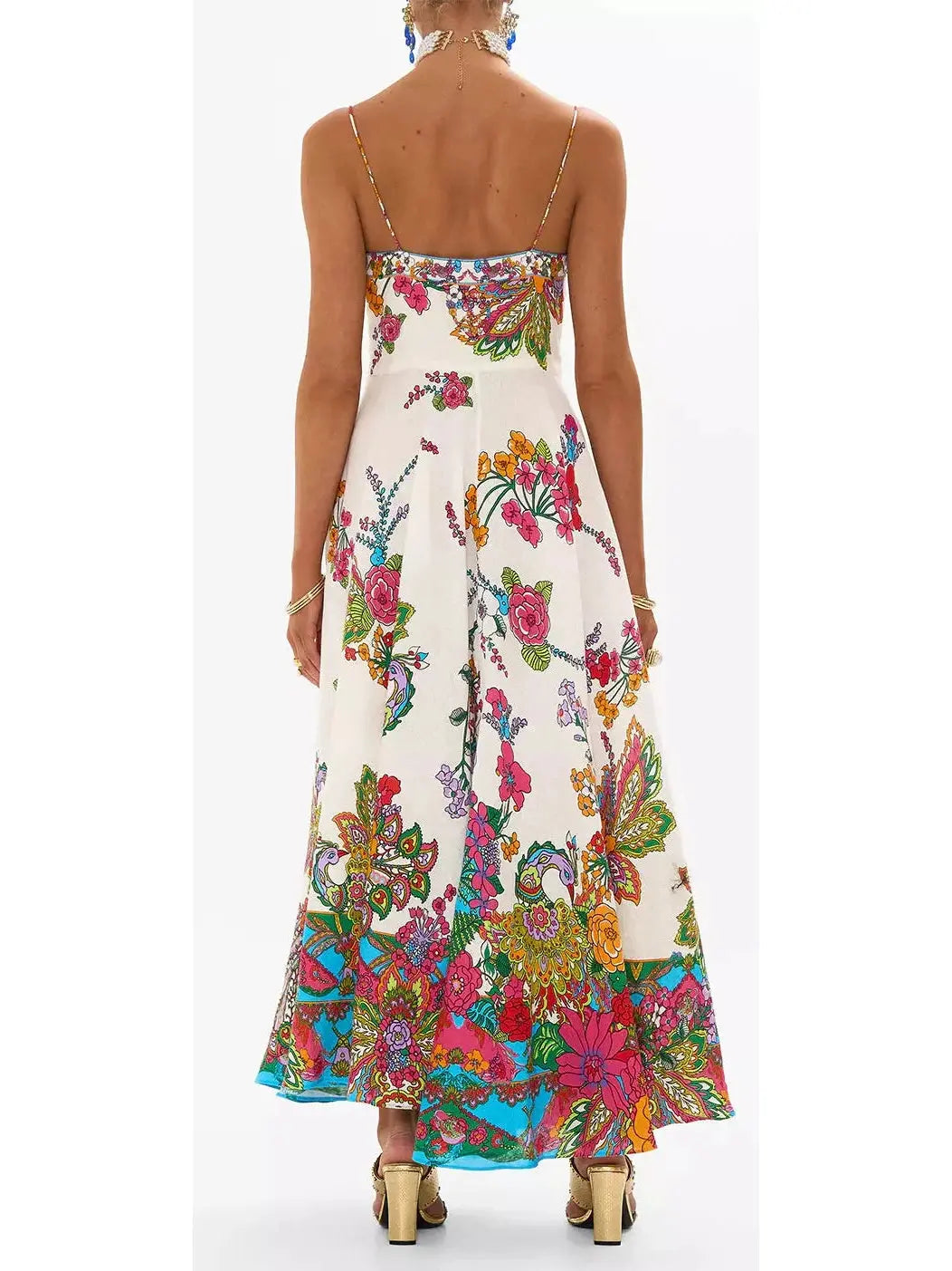 Multicolored Floral-Printed Tie-Front Linen Maxi Dress - Dresses