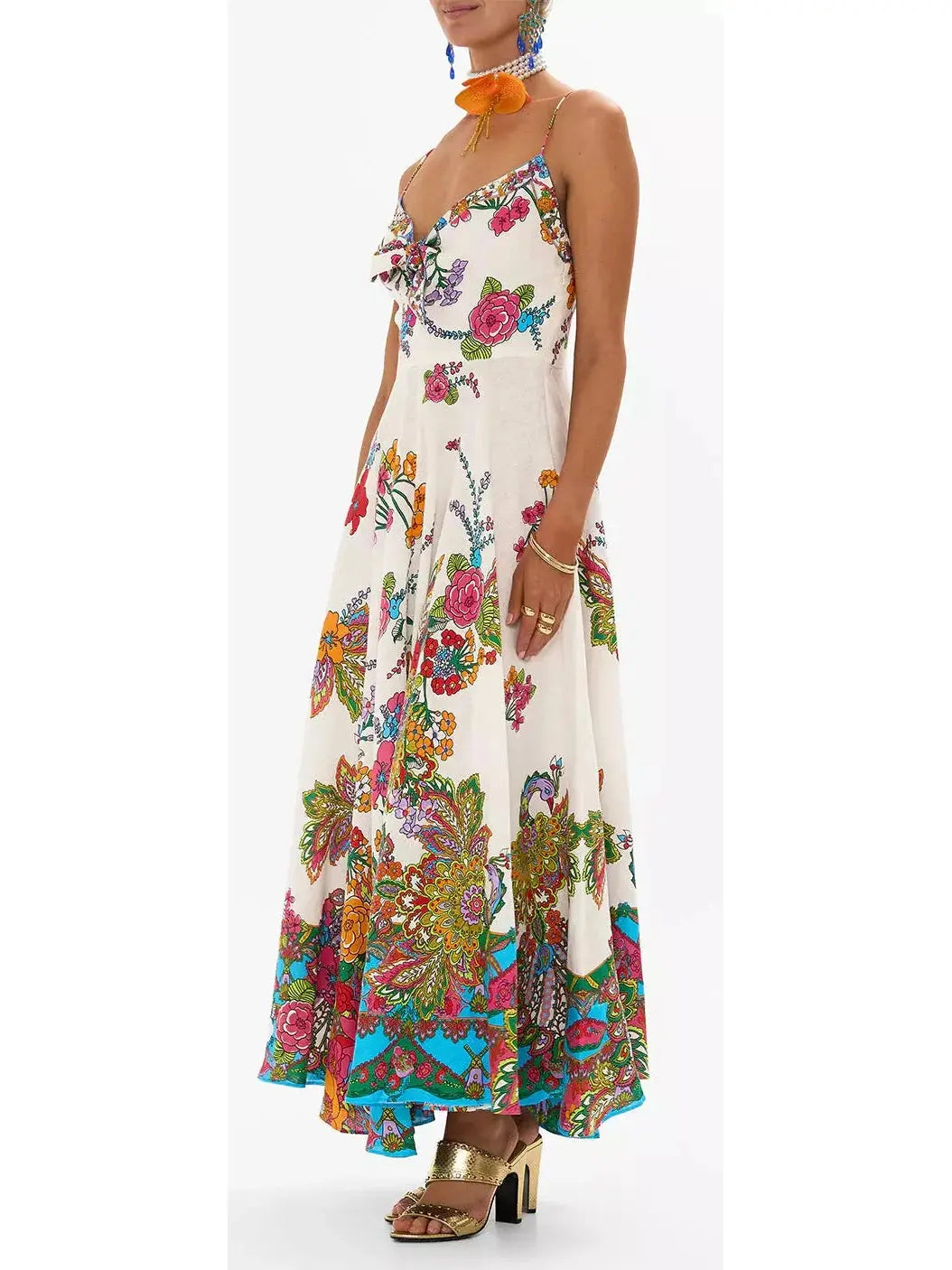 Multicolored Floral-Printed Tie-Front Linen Maxi Dress - Dresses