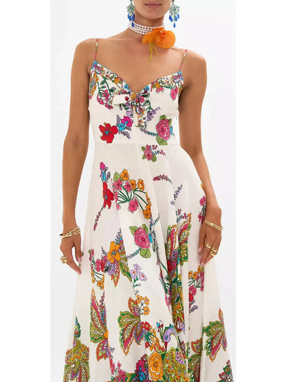 Multicolored Floral-Printed Tie-Front Linen Maxi Dress - Dresses