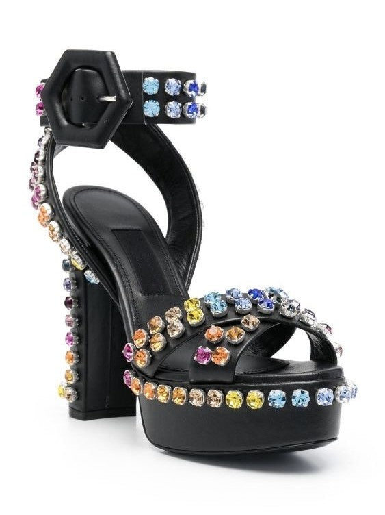 Multicolored Rhinestone-Embellished Black Platform Sandals - Footwear