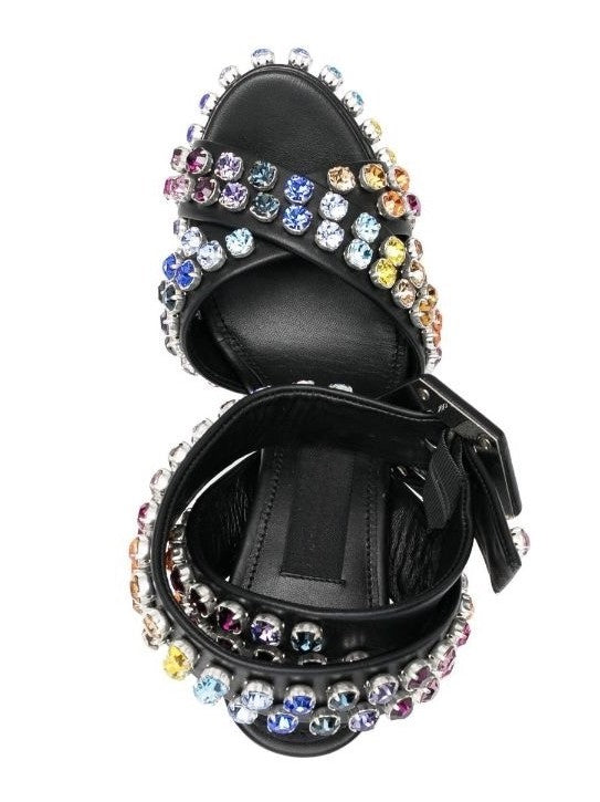 Multicolored Rhinestone-Embellished Black Platform Sandals - Footwear