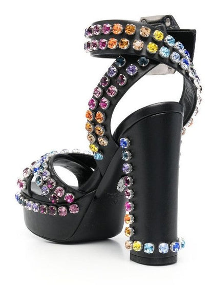 Multicolored Rhinestone-Embellished Black Platform Sandals - Footwear