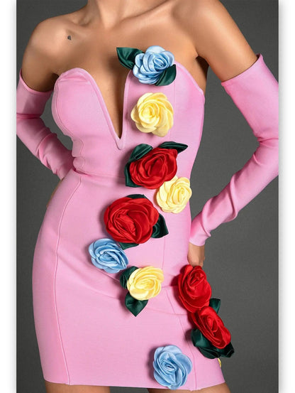 Multicolored Rose Applique Pink Strapless Mini Dress - Dresses