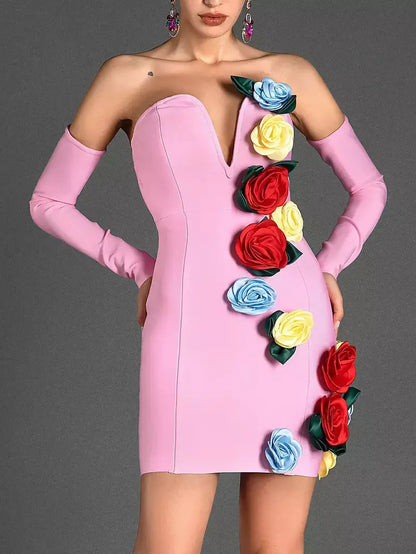 Multicolored Rose Applique Pink Strapless Mini Dress - Dresses