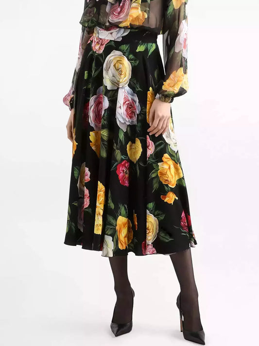 Multicolored Rose Print Silk Pleated Midi Skirt featuring a vibrant floral design