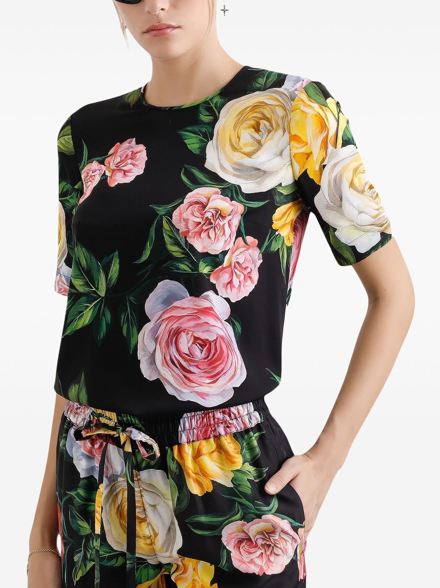 Multicolored Rose Print Silk T-Shirt in Black featuring vibrant floral design