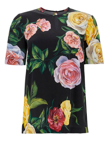 Floral-patterned short-sleeved blouse featuring a multicolored rose print silk design