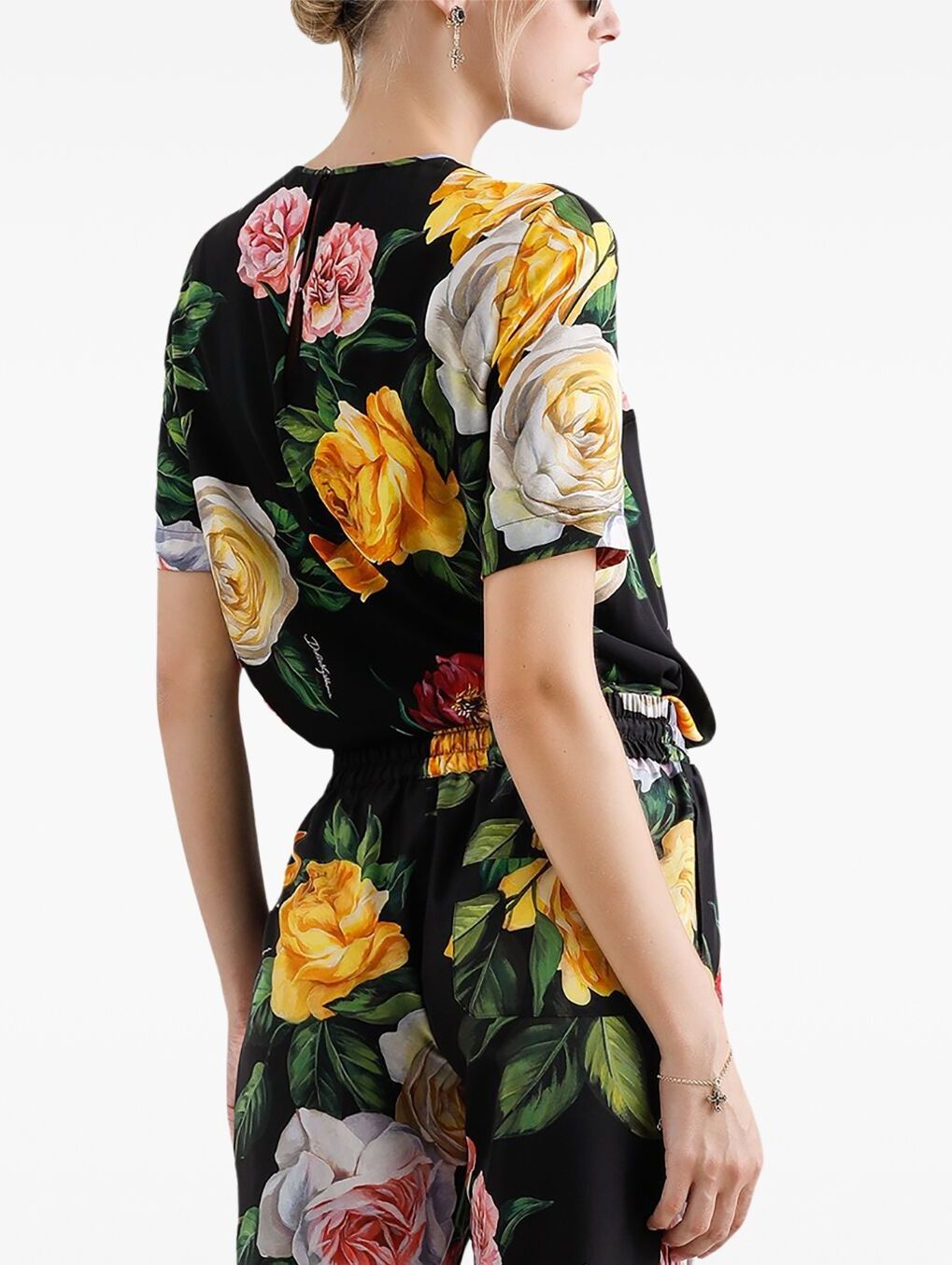 Multicolored Rose Print Silk T-Shirt in Black featuring a vibrant floral pattern