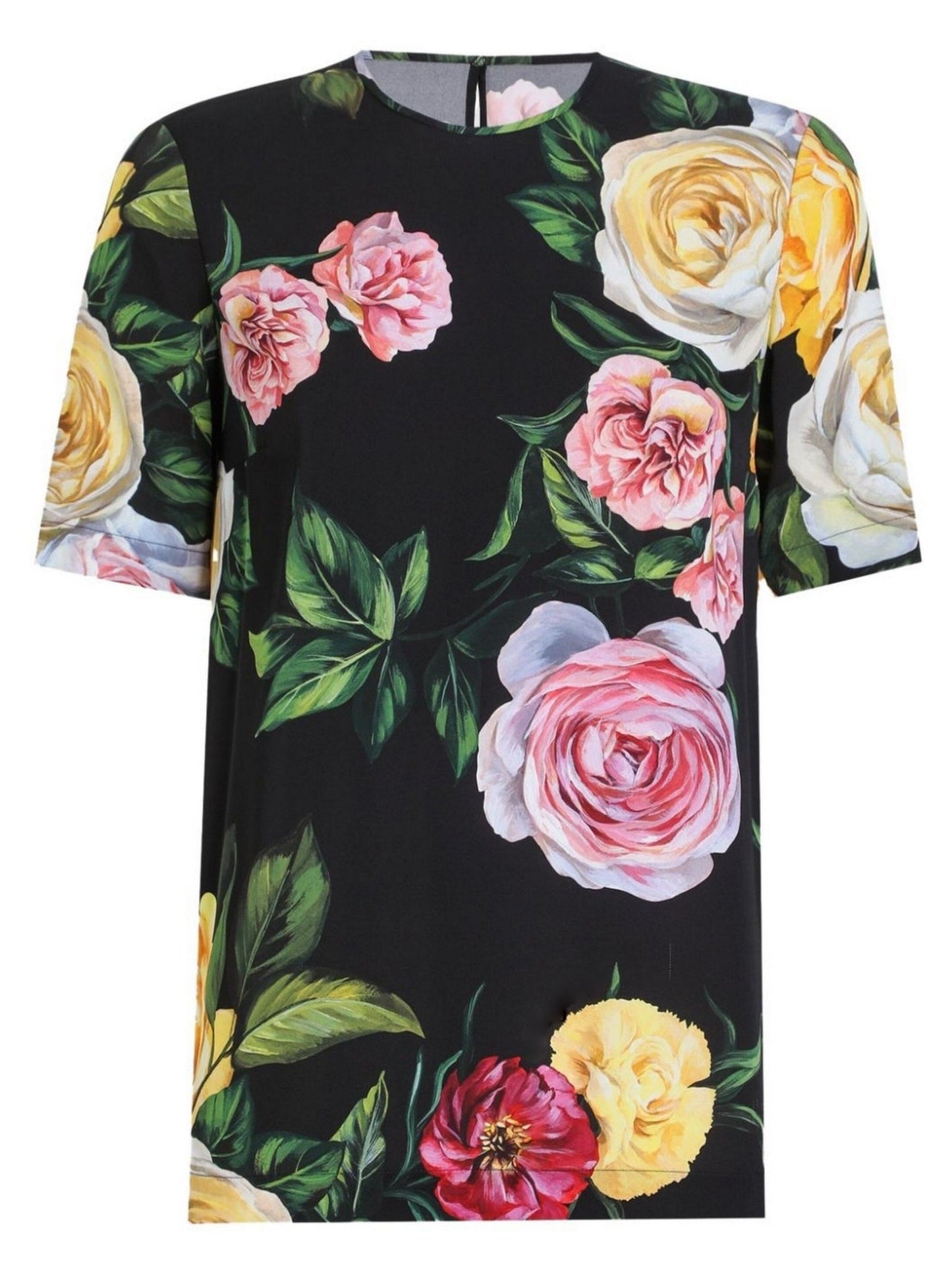 Multicolored Rose Print Silk T-Shirt in Black showcasing vibrant floral design