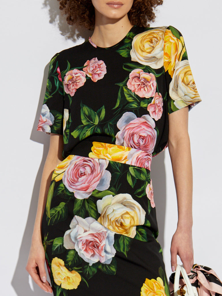 Multicolored Rose Print Silk T-Shirt in Black with vibrant floral design