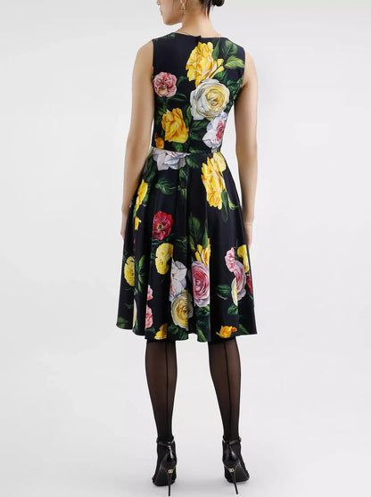 Multicolored Rose Print V-Neck Midi Dress in Black - Dresses