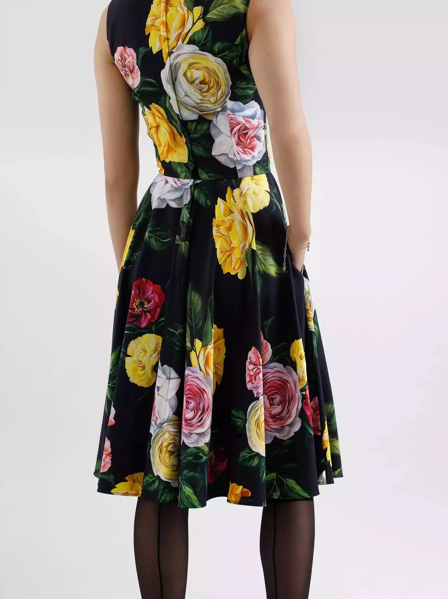 Multicolored Rose Print V-Neck Midi Dress in Black - Dresses