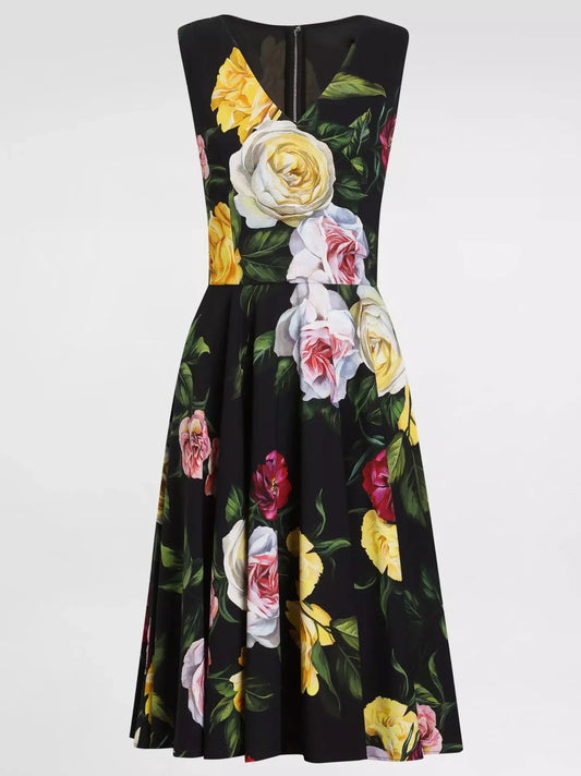 Multicolored Rose Print V-Neck Midi Dress in Black - Dresses