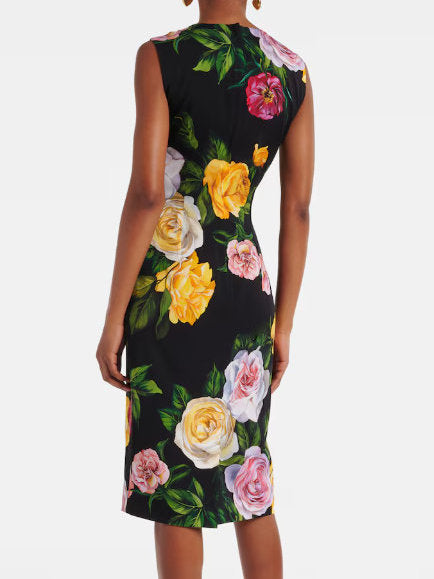 Multicolored Rose Printed Sheath Dress in Black - Dresses