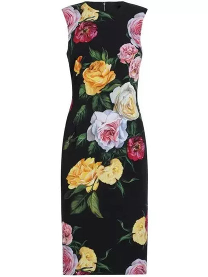 Multicolored Rose Printed Sheath Dress in Black - Dresses