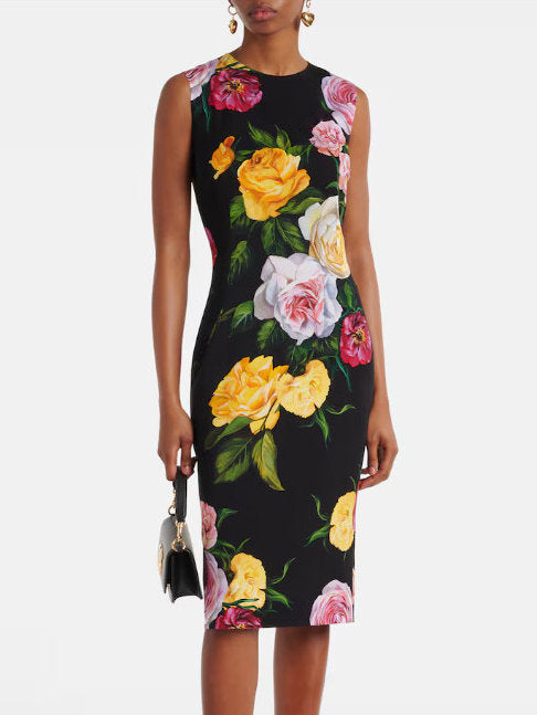 Multicolored Rose Printed Sheath Dress in Black - Dresses