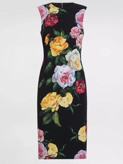 Multicolored Rose Printed Sheath Dress in Black - Dresses