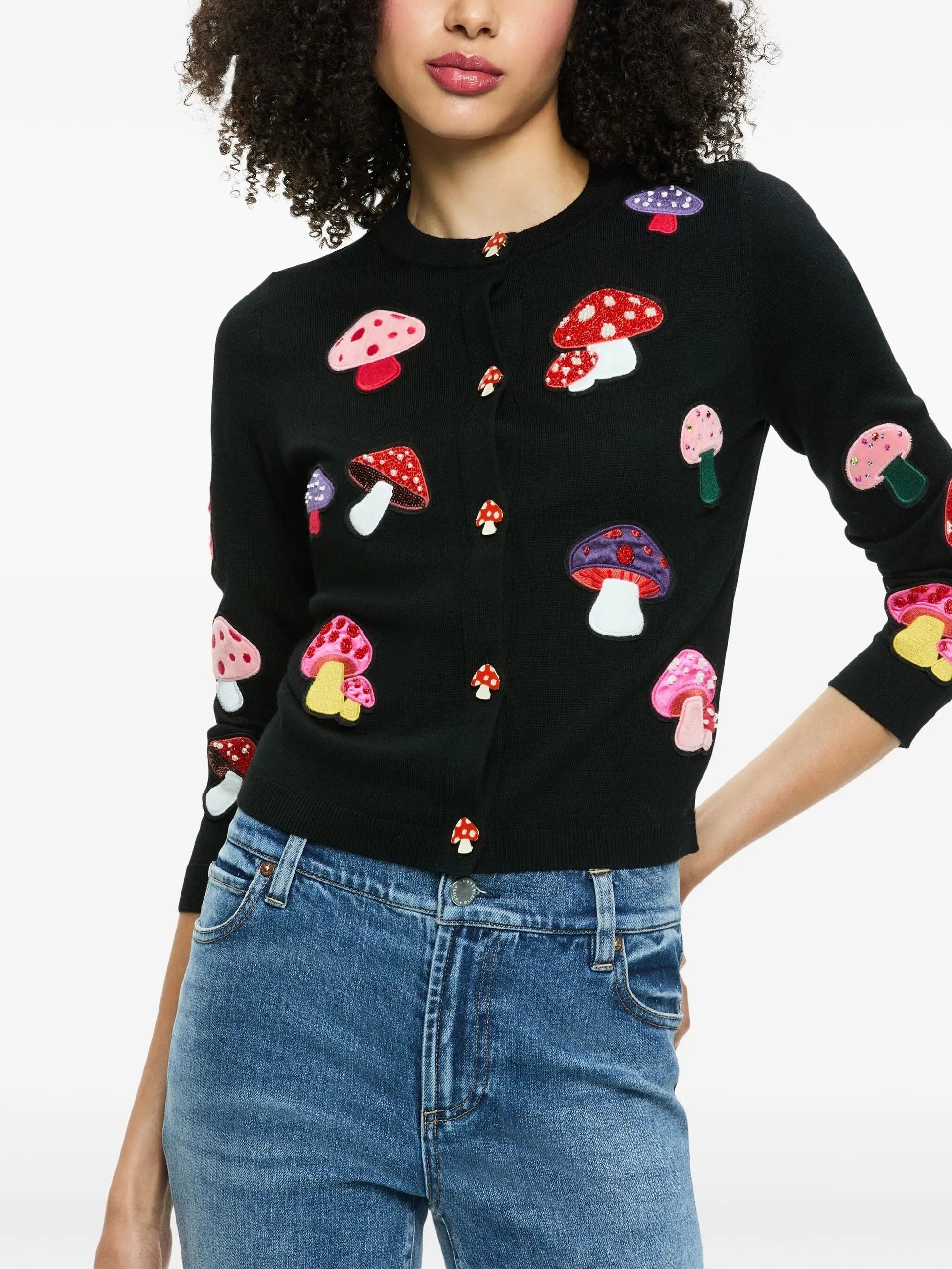 Mushroom-Embroidered Black Knit Cardigan - Sweaters & Knitwear