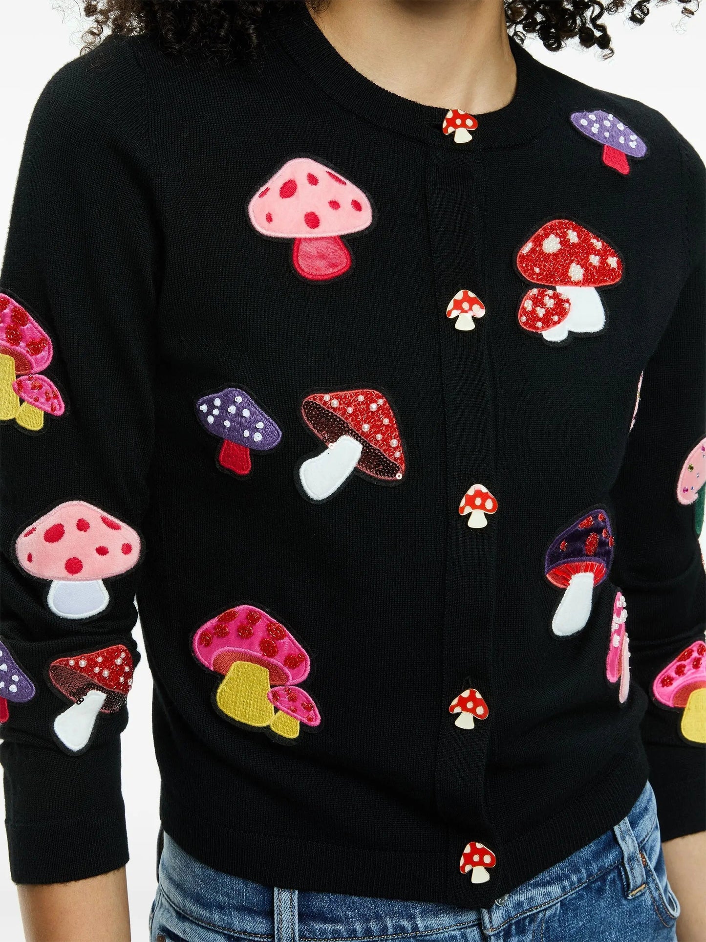 Mushroom-Embroidered Black Knit Cardigan - Sweaters & Knitwear