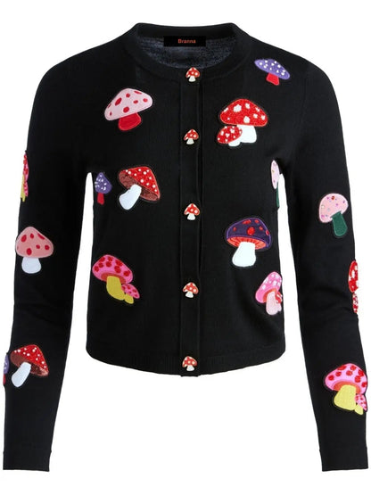 Mushroom-Embroidered Black Knit Cardigan - Sweaters & Knitwear